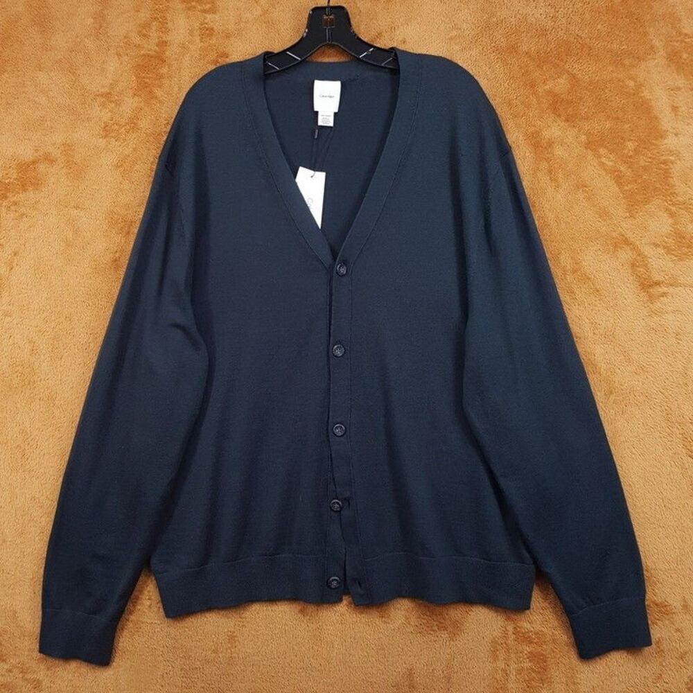 Calvin Klein Sweater Mens XXL Navy Teal Blue Cardigan Washable Wool Knit $129